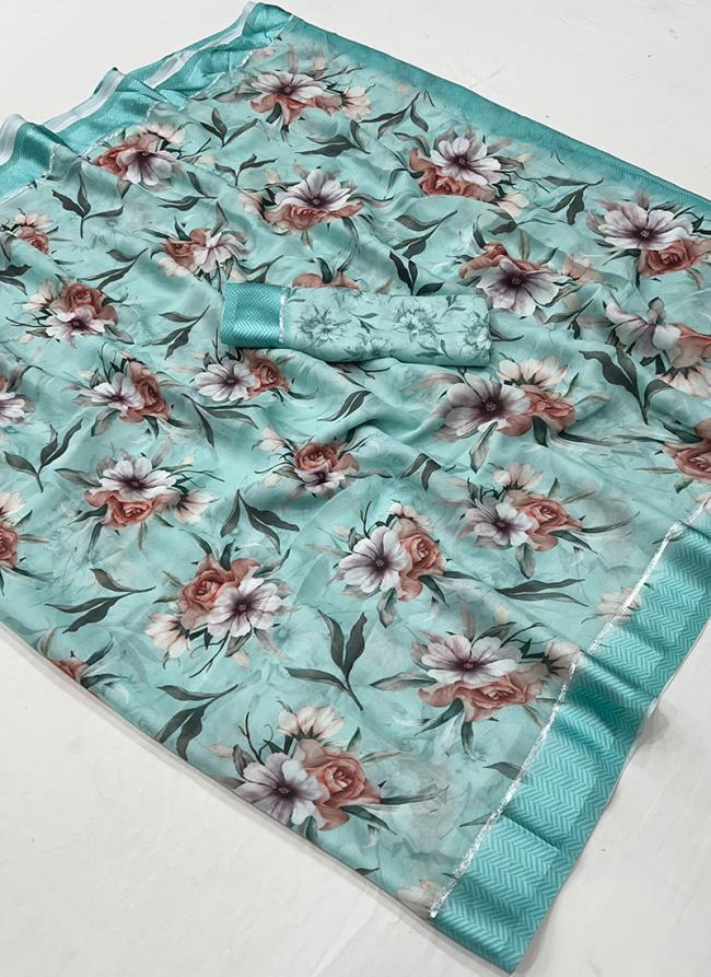 Georgette Sky Blue Casual Wear Printed Saree